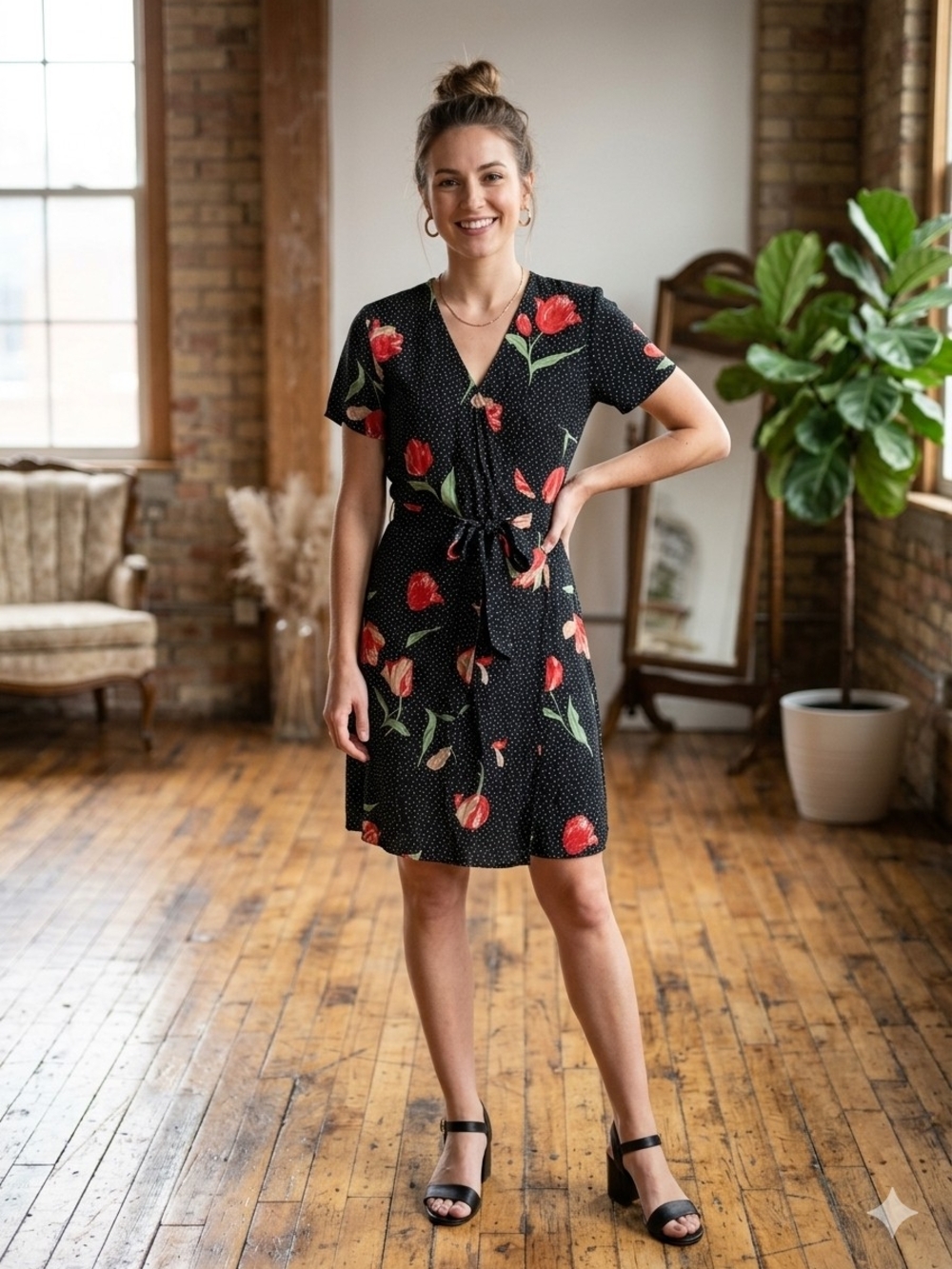 b.young Floral Black Wrap Dress with Red Tulip Print